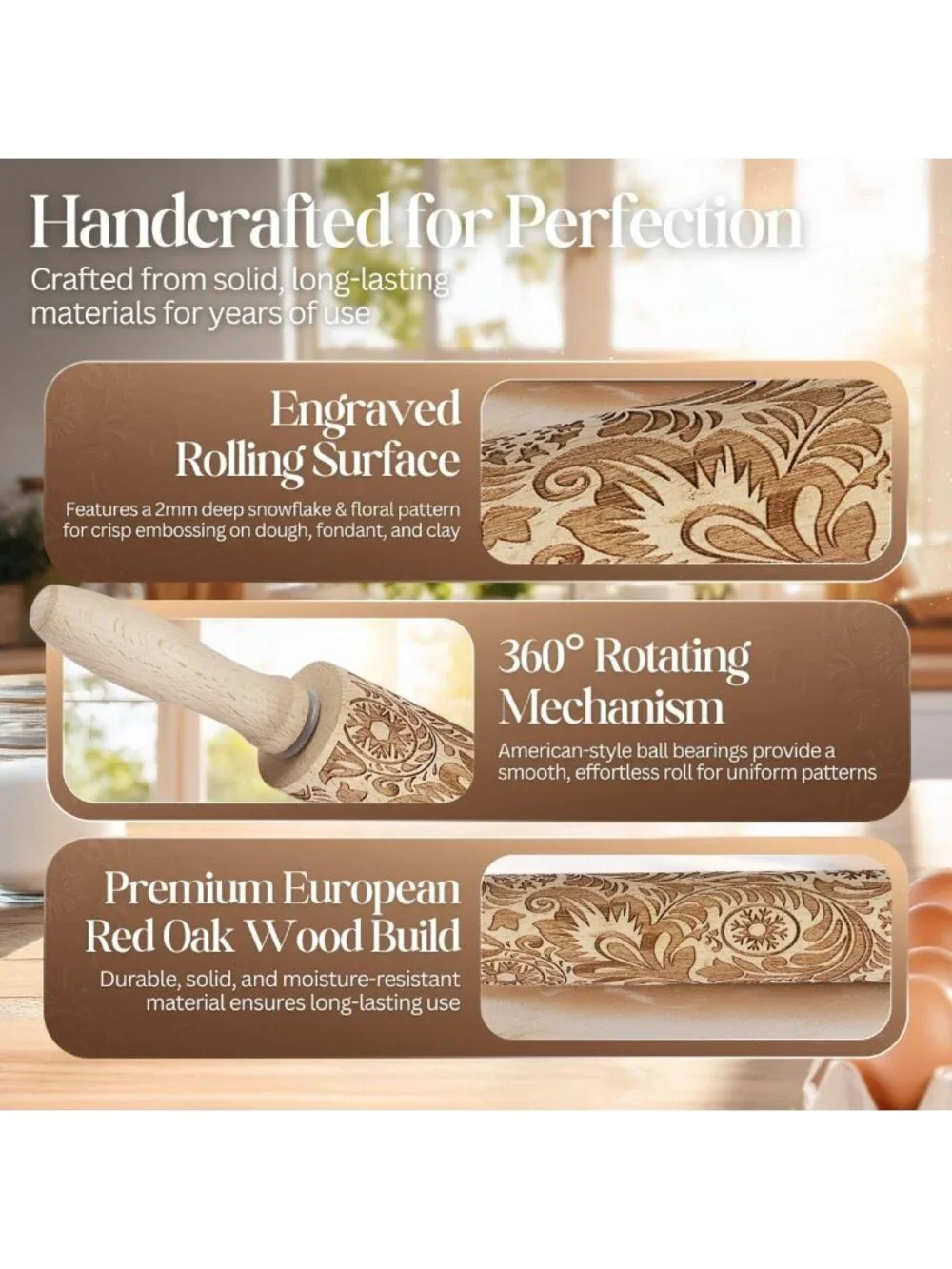 Engraved Wooden Rolling Pin with Snowflake & Flower Patterns for Baking Pastry